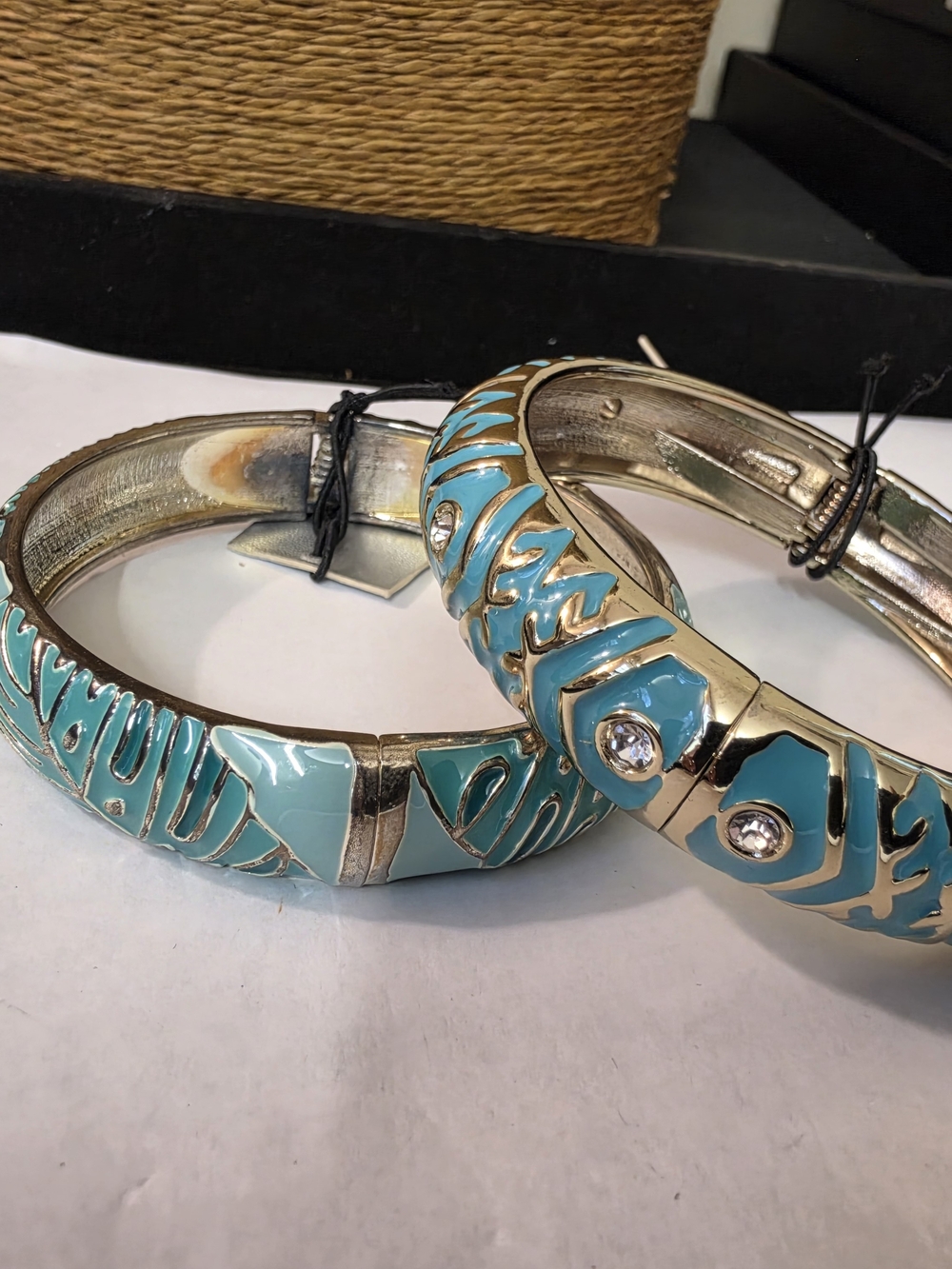 Turquoise Enamel Crystal Accent Hinged Bangle Bracelet - Women Jewelry